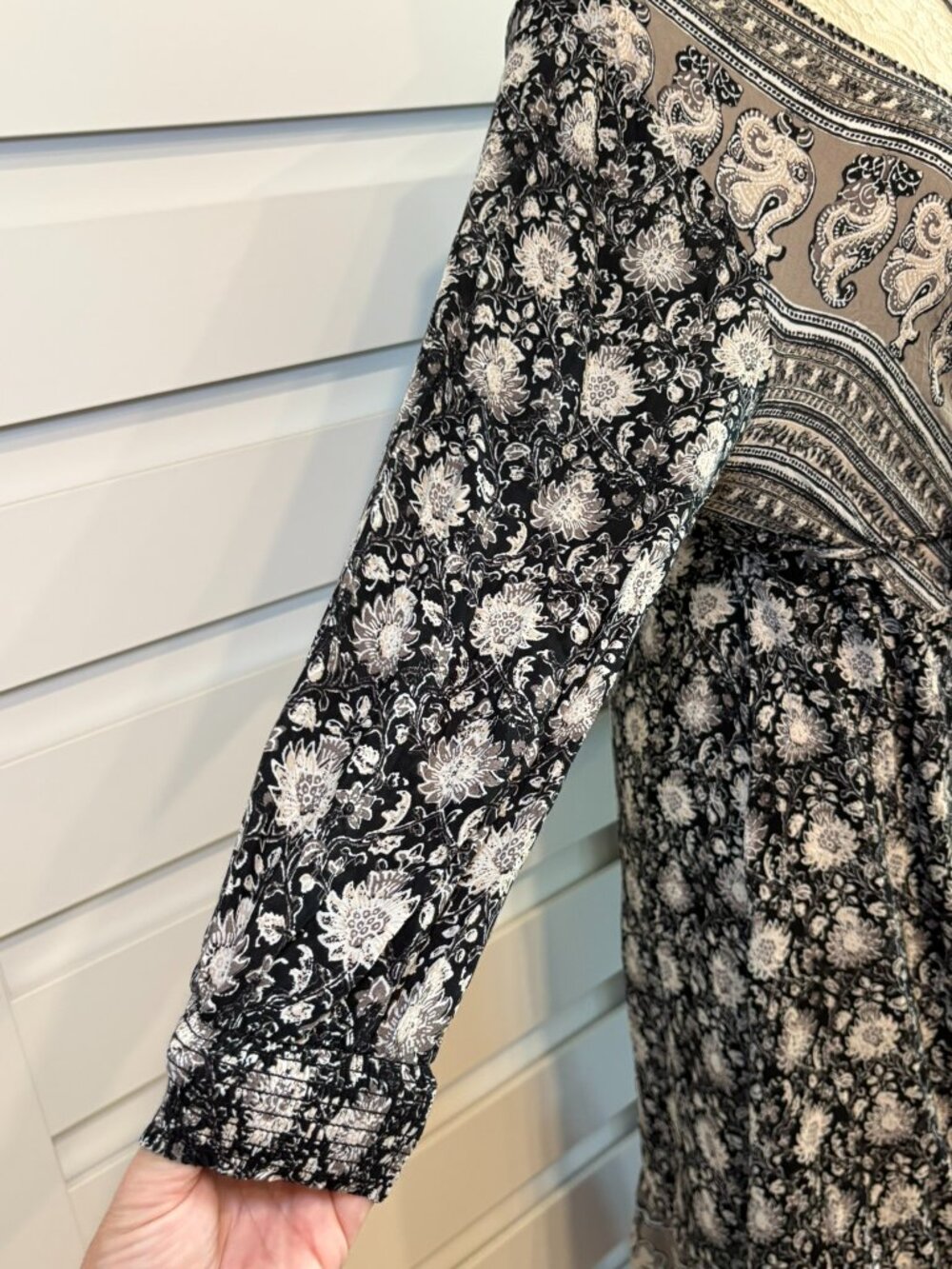 Lucky Brand Black White Paisley Floral Boho Festival Beth Dutton Wrap Midi Dress - Picture 9 of 14